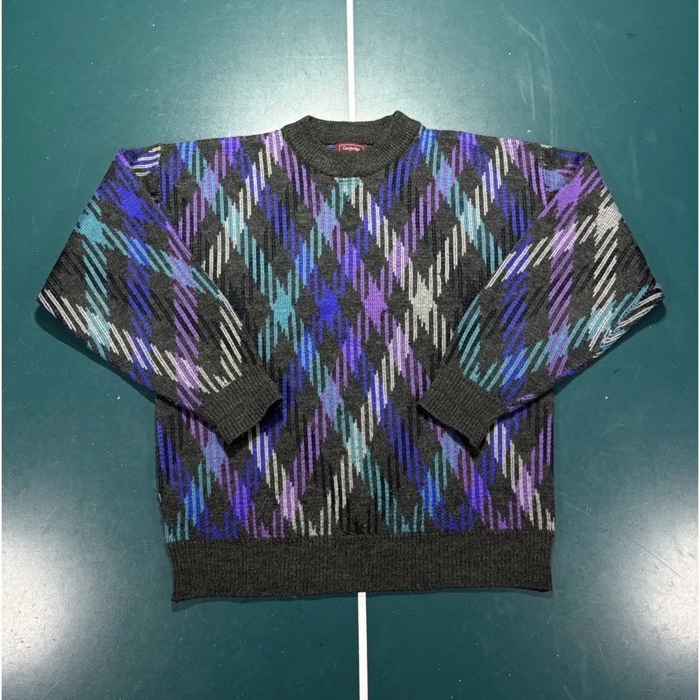 Vintage 80s 90s Geometric Abstract Diamond Knit Sweater Men's Large Multi Color